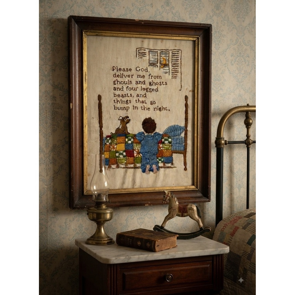 Vintage 1975 Sunset Designs Needlepoint Framed Art Child Prayer Ghouls & Ghosts